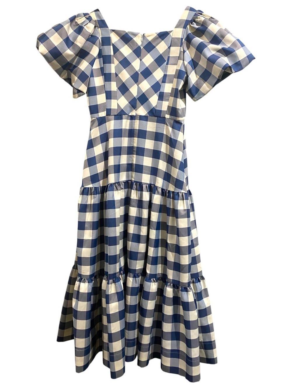 Hunter Bell Cassidy Gingham Short Puff Sleeve Square Neck Tiered Midi Dress - Picture 3 of 6
